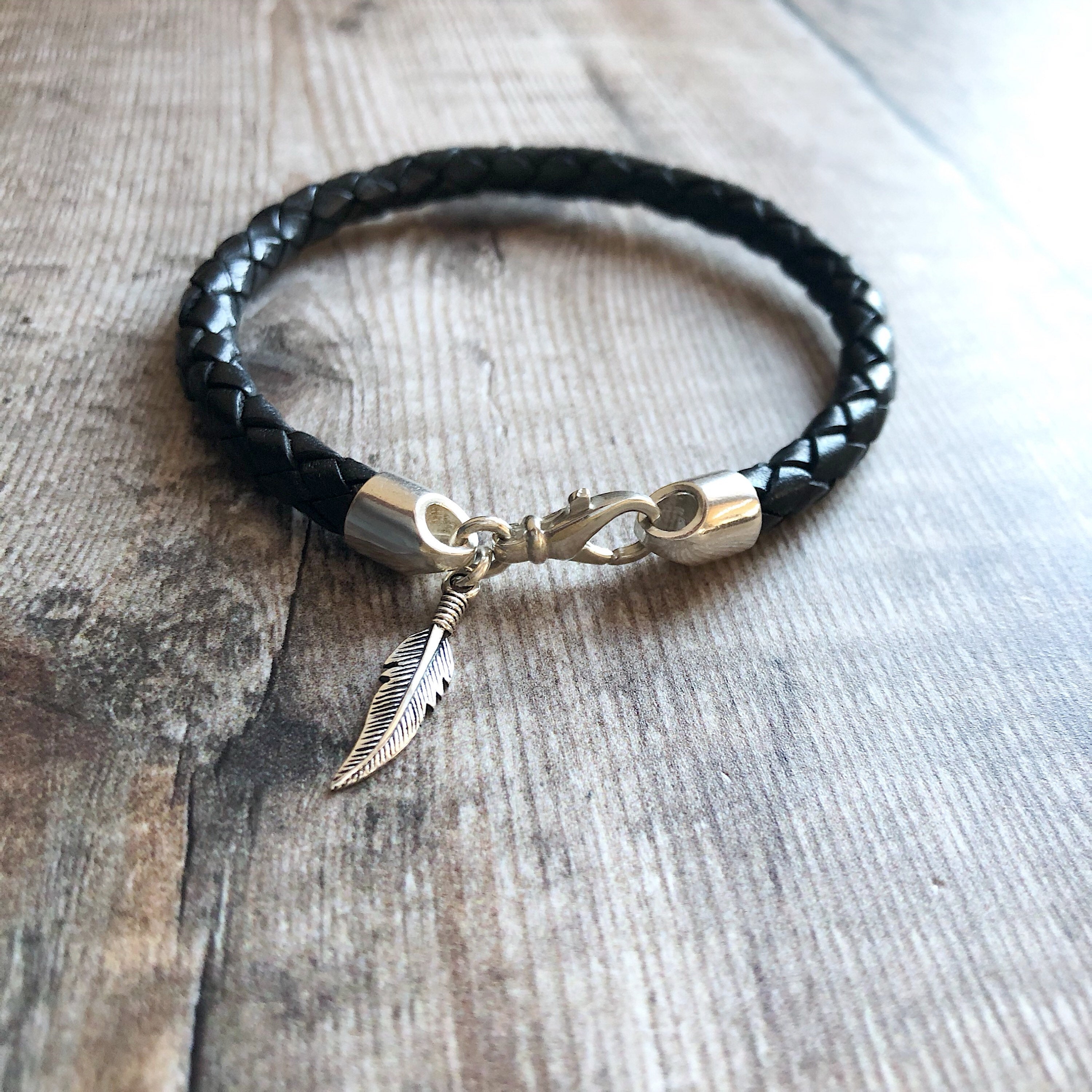 Feather Charm Bracelet, Braided Leather Bracelet, Sterling Silver