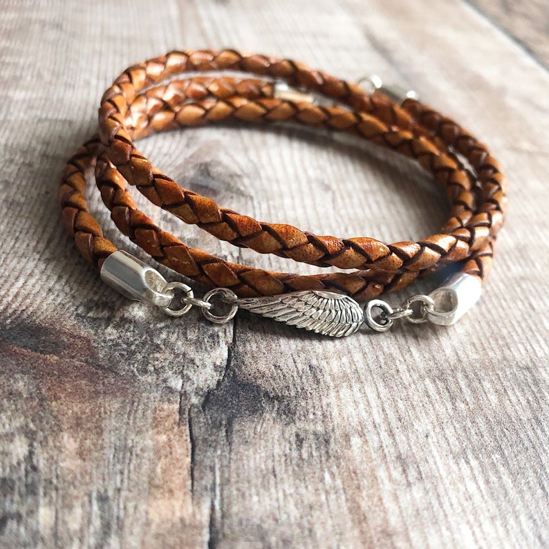 Sterling Silver /& Leather Bracelet Leather Wrap Bracelet Braided Leather Bracelet Angel Wing Jewellery Sideways Angel Wing Bracelet