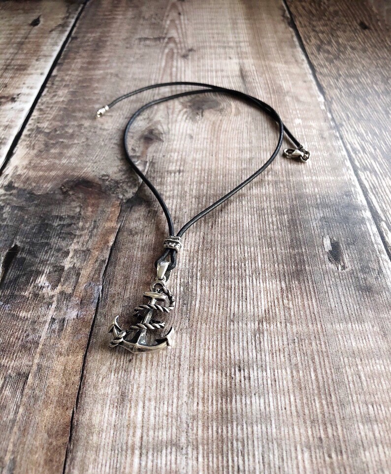 Mens Anchor Necklace Vintage Leather Necklace Antiqued Etsy