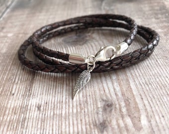 Angel Wing Charm Bracelet, Leather Wrap Bracelet, Sterling Silver & Leather Bracelet, Braided Leather Bracelet, Angel Wing Jewellery