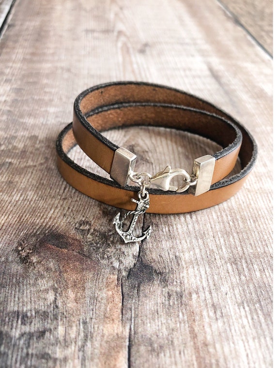 Antiqued Anchor Bracelet Leather Wrap Bracelet Sterling Silver