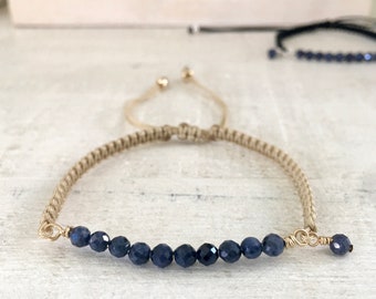 Blue Sapphires Bracelet, Easy Adjustable Pull Tie Closure September Birthstone