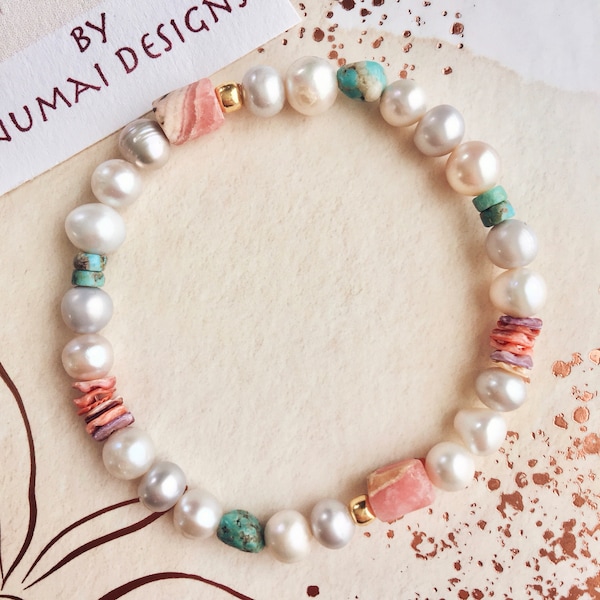 Elegant Baroque Pearl Bracelet with Argentine Rhodochrosite, Turquoise, and Shell Accents – Colorful and Sophisticated Gift