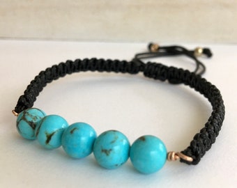 Arizona Turquoise Bar Bracelet, December Birthstone, Adjustable Beaded Bracelet for Men, Women, Boho Jewelry