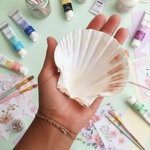 May include: A large, white seashell with brown accents is held in a hand, surrounded by art supplies. Paint tubes in various colors, paintbrushes, and decorative paper are scattered around. A gold chain bracelet is visible.
