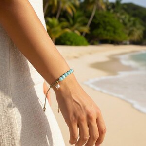 Larimar Beaded Bracelet with Crystal Charm: Adjustable Gold Bar Jewelry