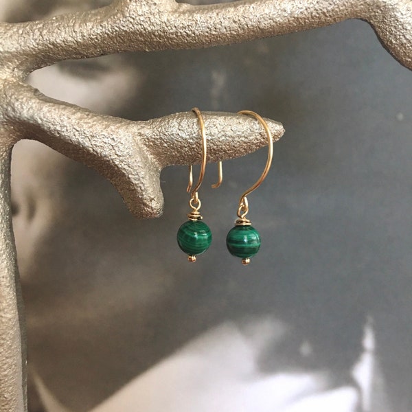 Dainty Gold-Filled Malachite Beaded Drop Earrings - Petite and Lightweight - Perfect Taurus Gift
