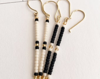 Black and ivory white gold stick earrings with itty-bitty glass beads, minimalist, very thin and lightweight