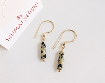 Dalmatian Jasper Stone Drop Earrings: 14k Gold-Filled Boho Jewelry