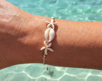 Pulsera de la amistad de concha de cauri: regalo playero ajustable con estrellas de mar y cuentas doradas, joyería de verano hecha a mano.