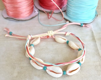 Cowrie Shell Corded Bracelet Set - Summer Beach Vibes, Turquoise Blue, Adjustable Fit, Coastal Accessories