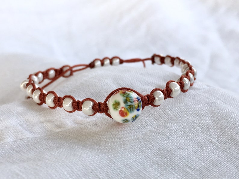 Ivory Pearl Miyuki Seeds Beads Macram\u00e9 Adjustable Bracelet for Girlfriend Mom Gifts Vintage Japanese Millefiori Glass Focal