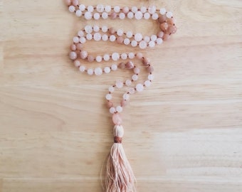Hand-Knotted Beaded Necklace with Silk Tassel - Rose Quartz, Peach Moonstone, Sunstone - Ideal Gift