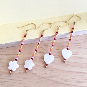 Mother of Pearl Dangle Earrings: Japanese Seed Bead Stick Jewelry