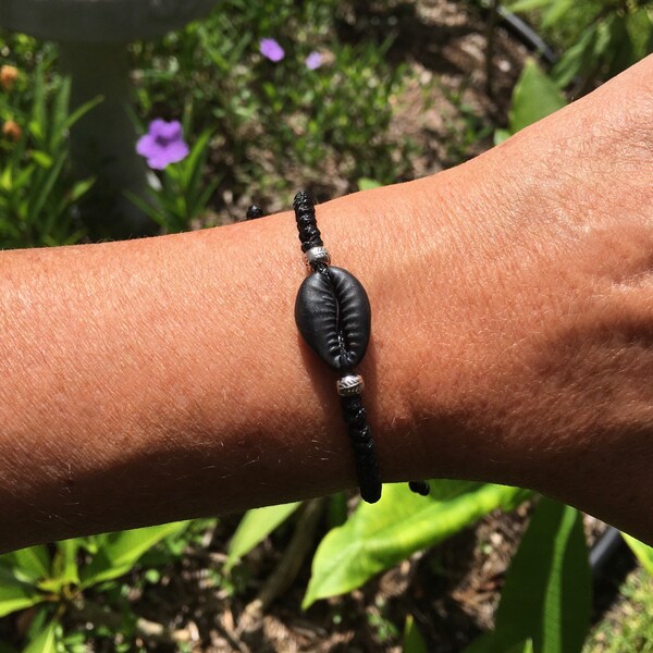 Hand-painted Black Cowrie Shell Bracelet with Pure Silver Engraved Beads on Waxed Cord - Adjustable Pull-Tie Knot - Perfect Beachy Gift
