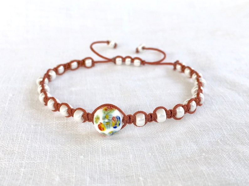 Ivory Pearl Miyuki Seeds Beads Macram\u00e9 Adjustable Bracelet for Girlfriend Mom Gifts Vintage Japanese Millefiori Glass Focal