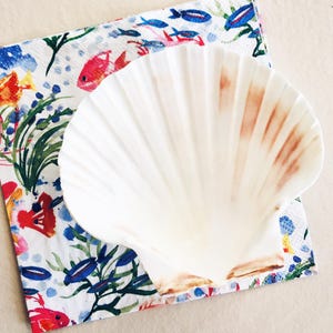 Op de afbeelding: Een grote, witte schelpenkom met bruine accenten ligt op een decoratief servet. Het servet heeft een kleurrijk aquatisch ontwerp met rode, blauwe en groene vissen en planten. De schelp heeft een geribbelde textuur.