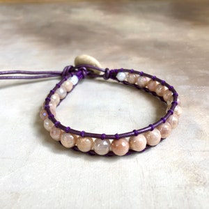 Moonstone and Freshwater Pearl Leather Wrap Bracelet