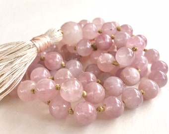 Handmade Long Beaded Necklace with Pure Silk Tassel - Lavender Pink Rose Quartz for Unconditional Self Love