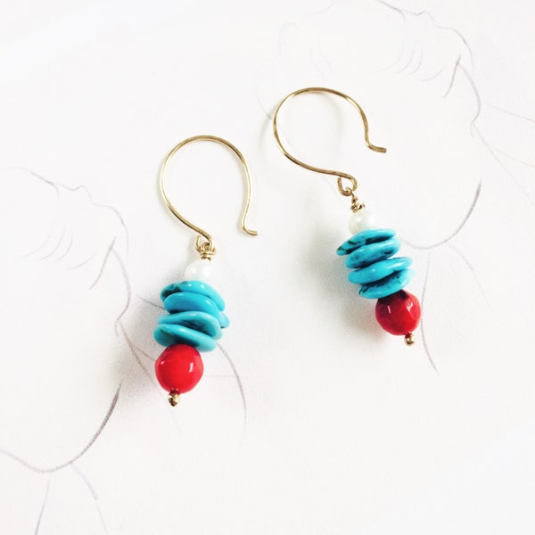 Sleeping Beauty Turquoise Earrings: Stacked with Pearls or MoP and Sea Coral for a Stylish Bohemian Charm