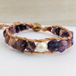 Purple Charoite Stone Leather Wrap Bracelet with White Pearl Accent