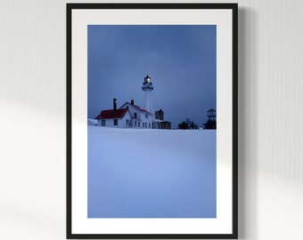 Snowy Night at Whitefish Point Lighthouse / Upper Peninsula Michigan Lighthouse Photography / Great Lakes Lake Superior Art