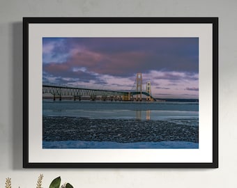 Mighty Mackinac Bridge Print Icy Reflections / Great Lakes / Mackinaw City, Michigan Photography