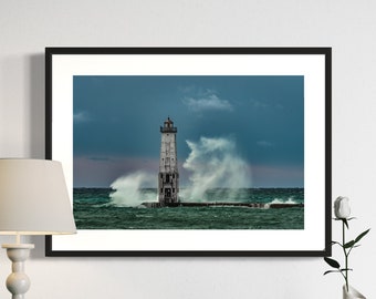 Crashing Waves in Frankfort Michigan / M22 Lake Michigan Lighthouse / Great Lakes Photography / Lustre Print / Metal / Canvas Wrap