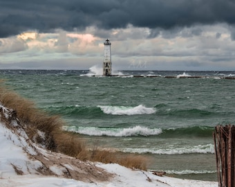 Frankfort Light Print Winter View / Lake Michigan Lighthouse / Great Lakes Photography