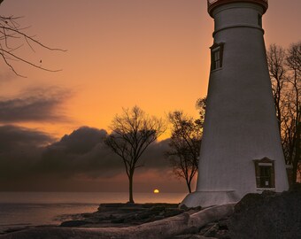 Marblehead Lighthouse Sun in the Distance / Sunrise Print / Lake Erie Ohio Photography / Great Lakes Lighthouse