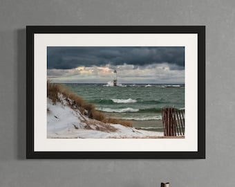 Frankfort Light Print Winter View / Lake Michigan Lighthouse / Great Lakes Photography