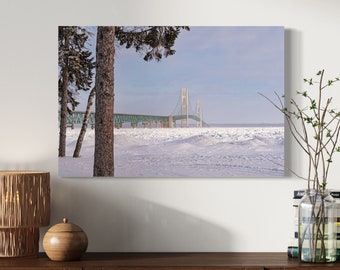 Blue Ice at the Mackinac Bridge / Great Lakes Michigan Art / Horizontal / Lustre Print / Metal Print / Canvas Gallery Wrap