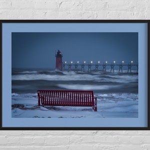 South Haven Lighthouse Winter Waves Print / Lake Michigan / Great Lakes Photography image 1