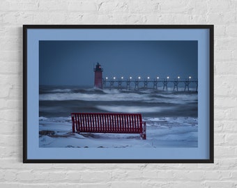 South Haven Lighthouse Winter Waves Print / Lake Michigan / Great Lakes Photography