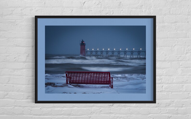 South Haven Lighthouse Winter Waves Print / Lake Michigan / Great Lakes Photography image 1