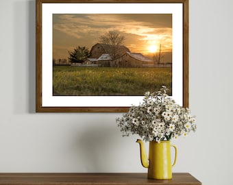 Farm Sunset Barn Print / Rural Michigan Photography / Horizontal / Lustre Print / Metal / Canvas Gallery Wrap