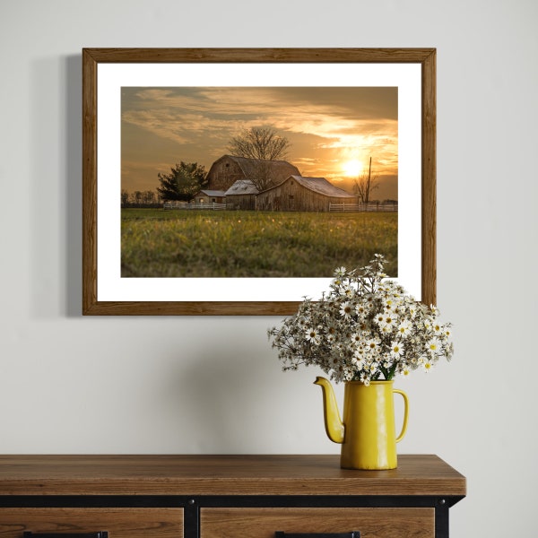 Farm Sunset Barn Print / Rural Michigan Photography / Horizontal / Lustre Print / Metal / Canvas Gallery Wrap