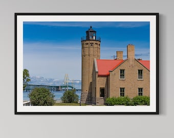 Old Mackinac Point Lighthouse and Mackinac Bridge / Great Lakes / Mackinaw City, Michigan Photography / Horizontal / Print / Metal / Canvas