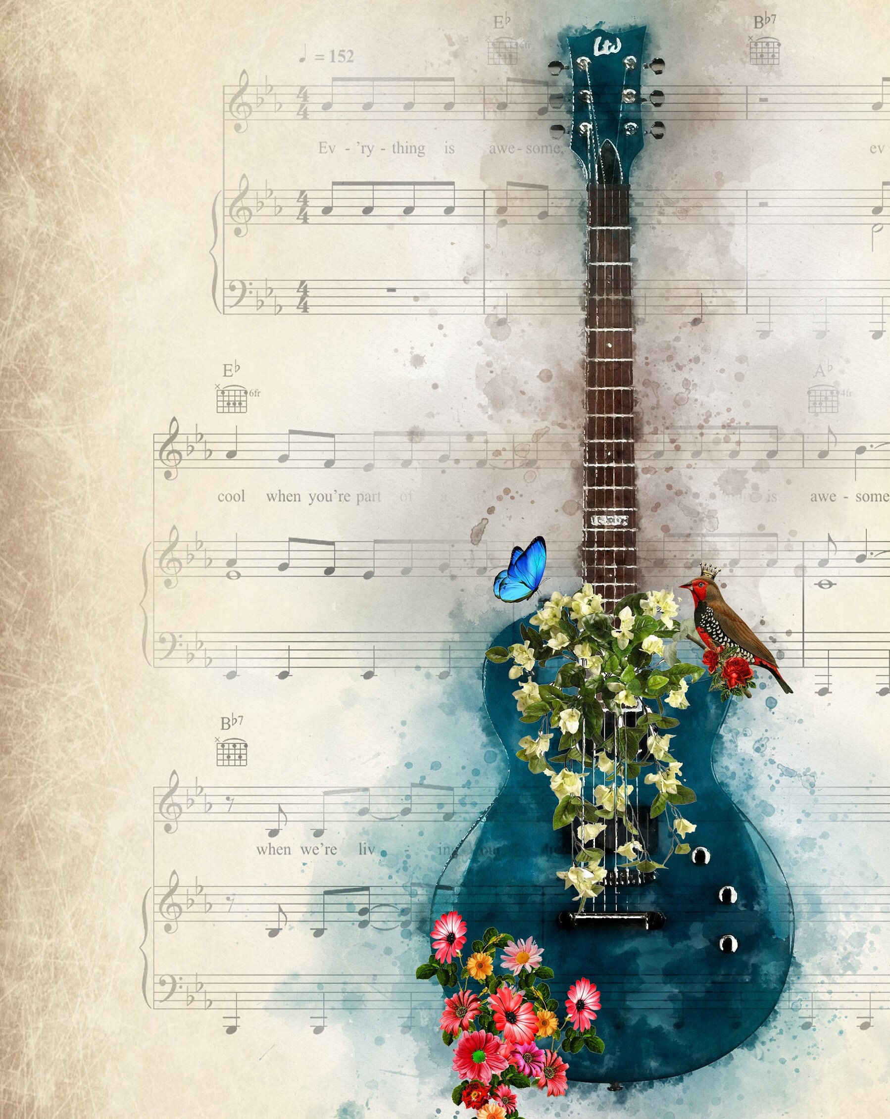 Music with flowers electric guitar printsheet music Etsy