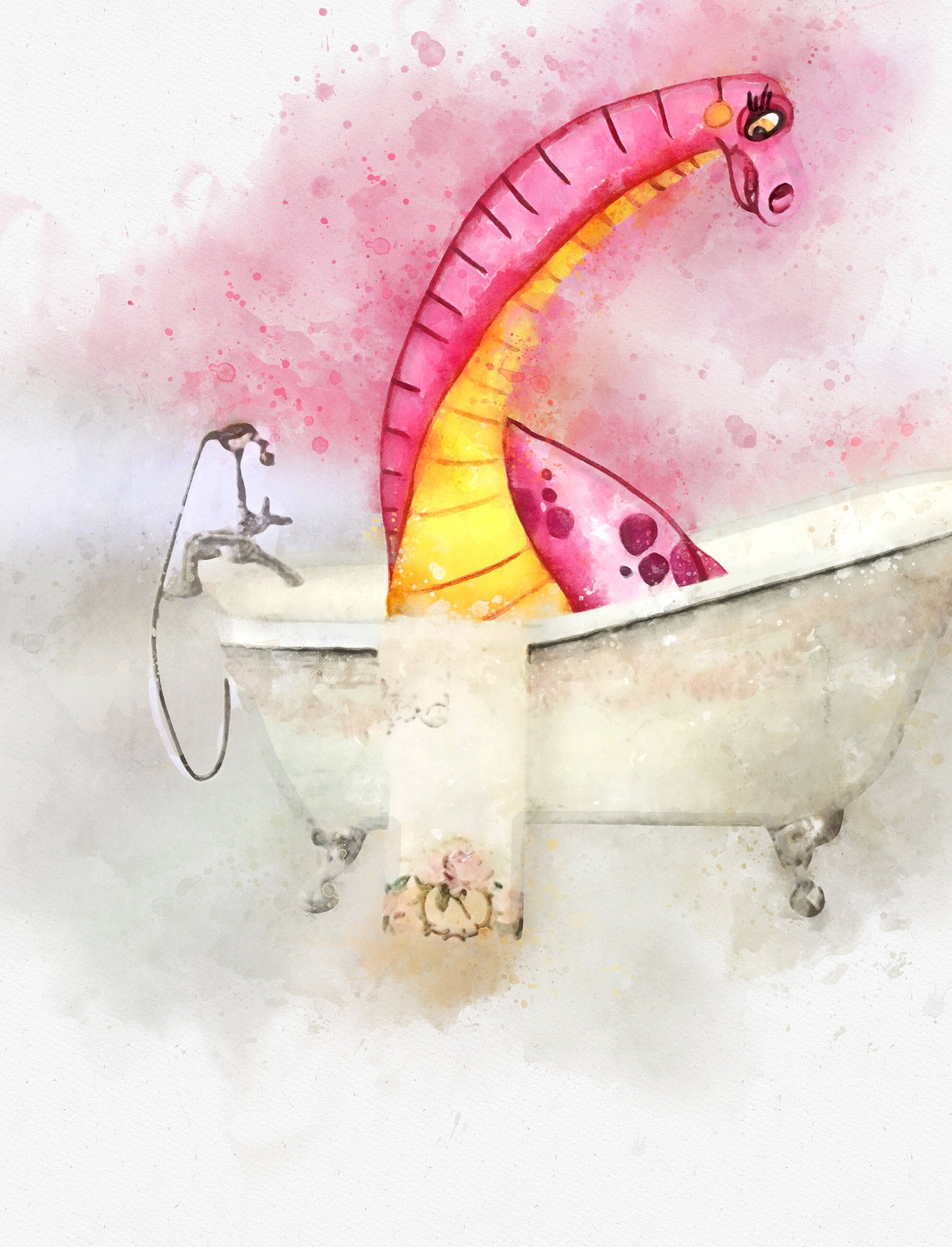 Dinosaur in Bathtub print bathtub animal print watercolor Etsy