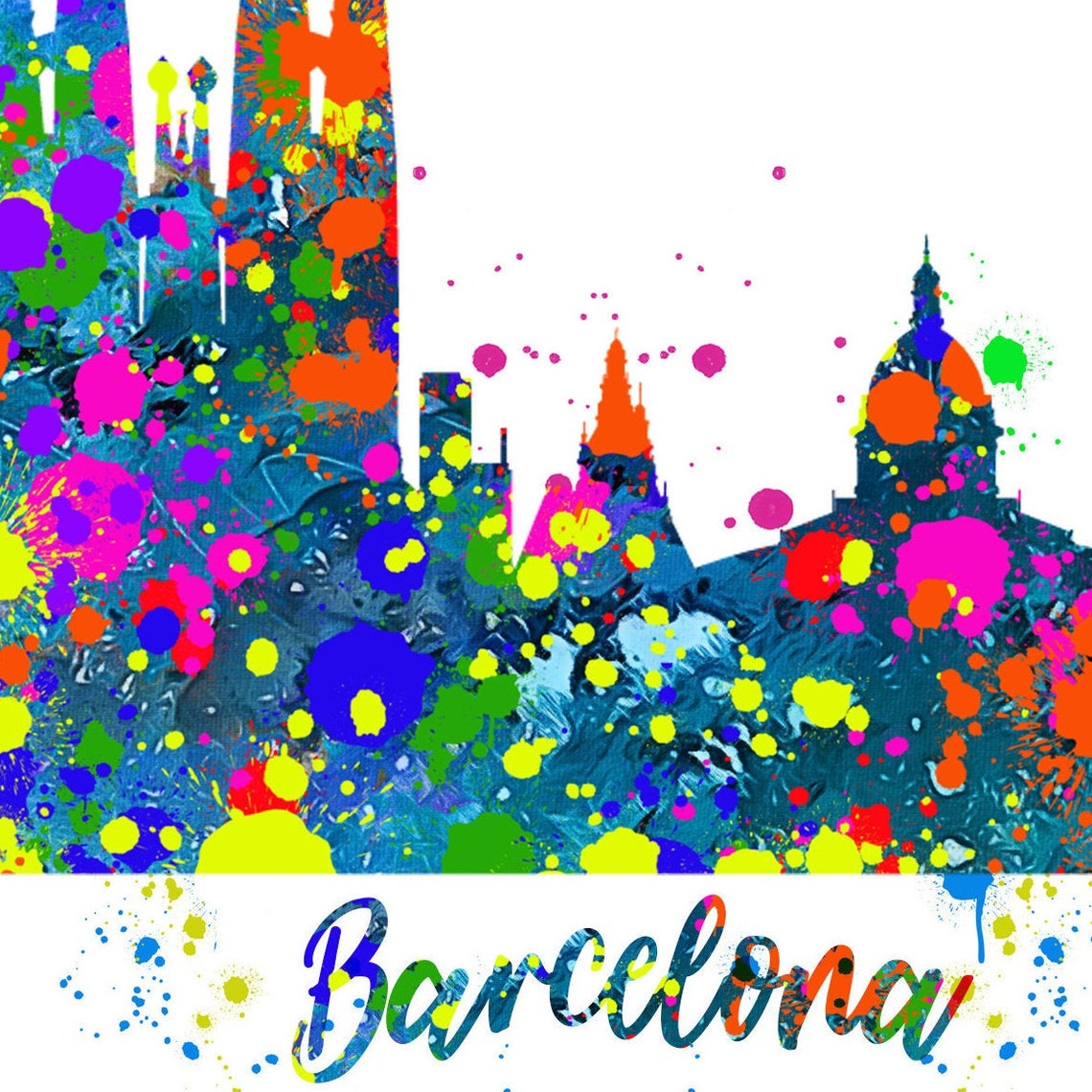 Barcelona with name color splash print barcelona poster city | Etsy