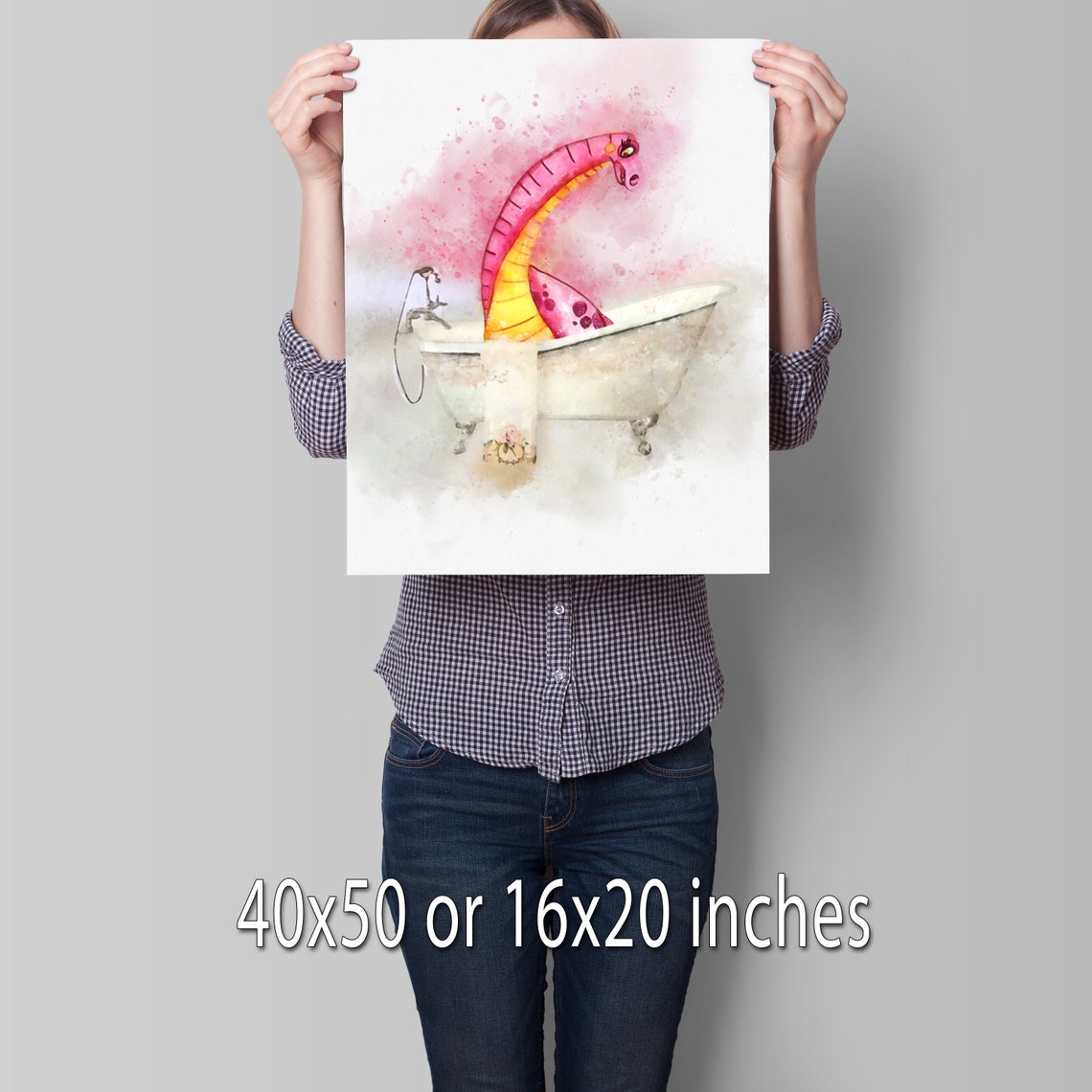 Dinosaur in Bathtub print bathtub animal print watercolor Etsy