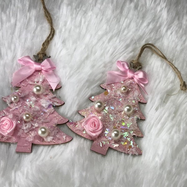 2 Shabby chic ornaments, pink christmas, pink tree ornaments, christmas ornaments, Handmade Christmas, gift tags, teacher gift, hostess gift