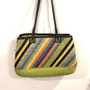 Straw Tote - A colorful summery straw shoulder bag of olive, orange, turquoise, purple, lemon diagonal stripes & tasty lime base - handsome!