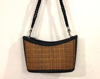 Reversible Neopolitan and Tangerine Fair Trade Made By Hand In Cambodia Cell Phone Sling Straw Seagrass Rattan Bag Club Purse