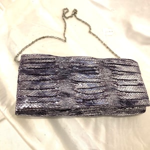Jessica McClintock  -  A gorgeous gathered silvery purplish &quot;faux&quot; snakeskin foldover clutch/shoulder bag
