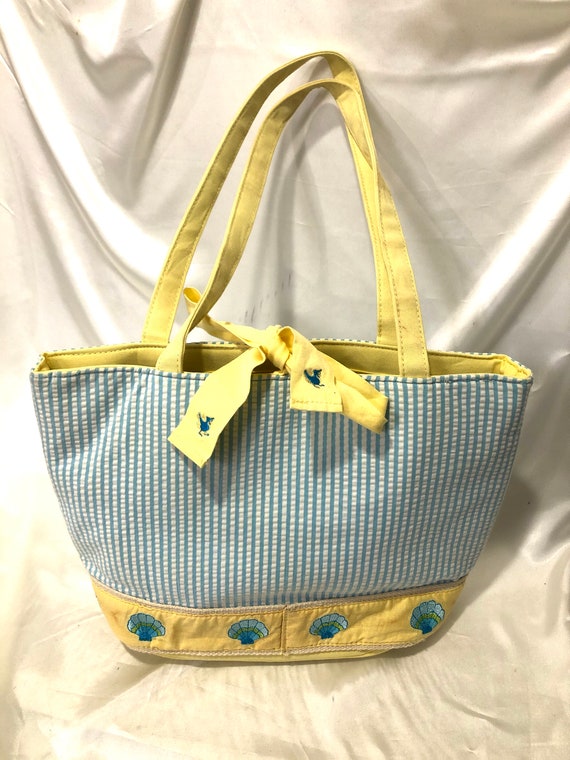 Summer Tote - A Blended Cotton and Poly Seersucker Light Turquoise and White Striped Summer Beach Bag with Charming Embroidered Seashells