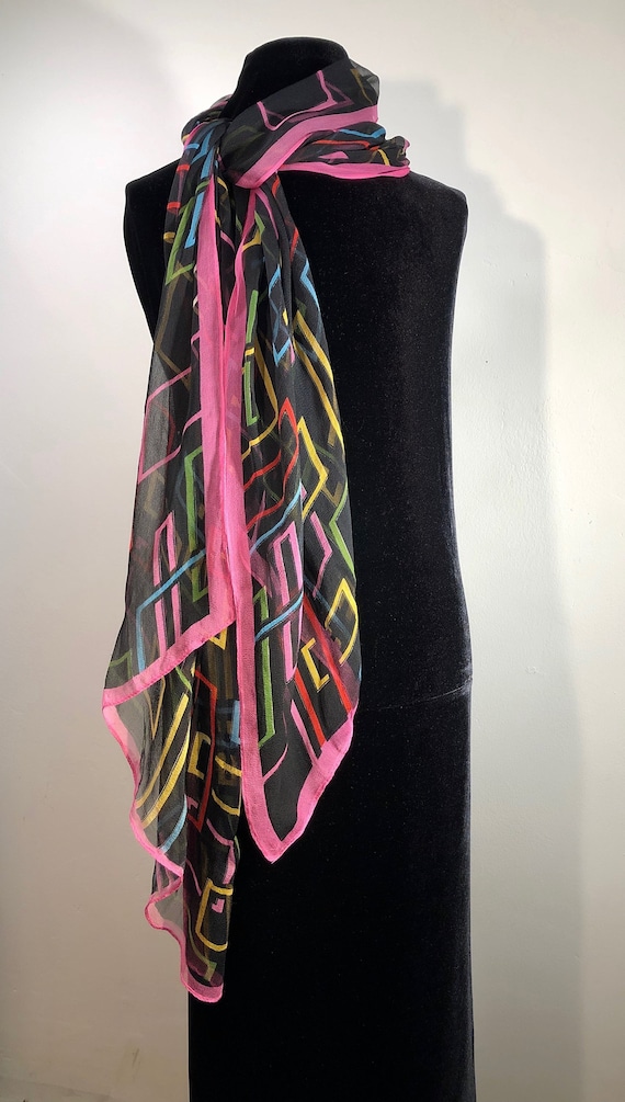 An Elegant Totally Sheer Flowy Chiffon Silk Scarf With Multicolored Squares of Yellows, Reds, Pinks, Greens, and Blues on a Black Background - Etsy An Elegant Totally Sheer Flowy Chiffon Silk Scarf With Multicolored Squares of Yellows, Reds, Pinks, Greens, and Blues on a Black Background - Etsy