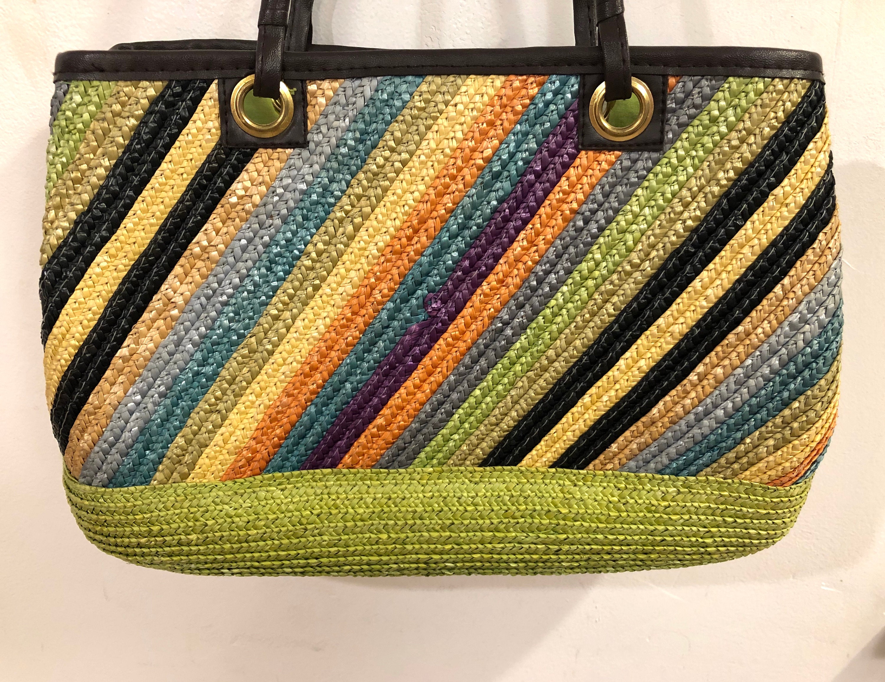 Straw Tote A Colorful Summery Straw Shoulder Bag of Olive Etsy Israel