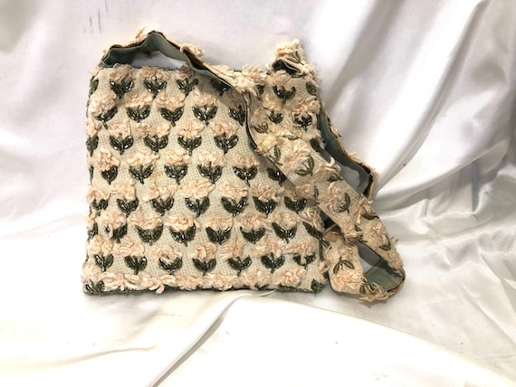 K C Malhan A Charming Ivory Fabric Shoulder Bag with A Lovely Olive Beaded A Soft Pink Fabric Flower Pattern Unique Well Crafted